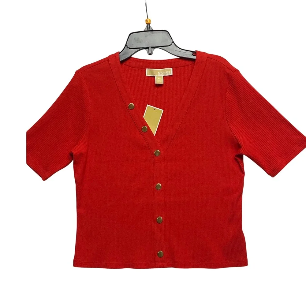 Michael Kors $98 Red Ribbed V-Neck Short Sleeve Button Front Top Sm‎ NWT